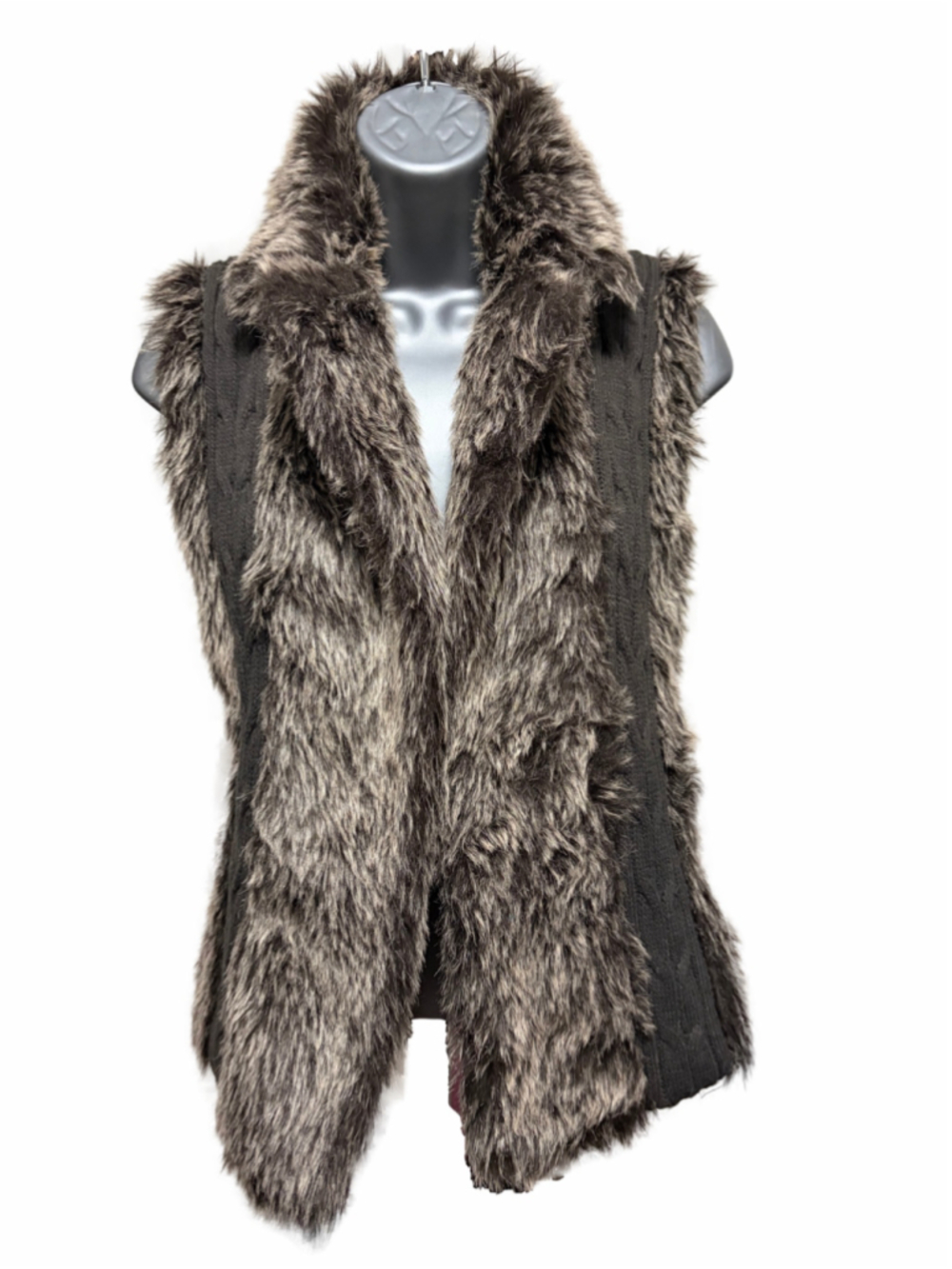 XOXO Faux Fur Trim Cable Knit Belted Vest Women’s M Chocolate Brown